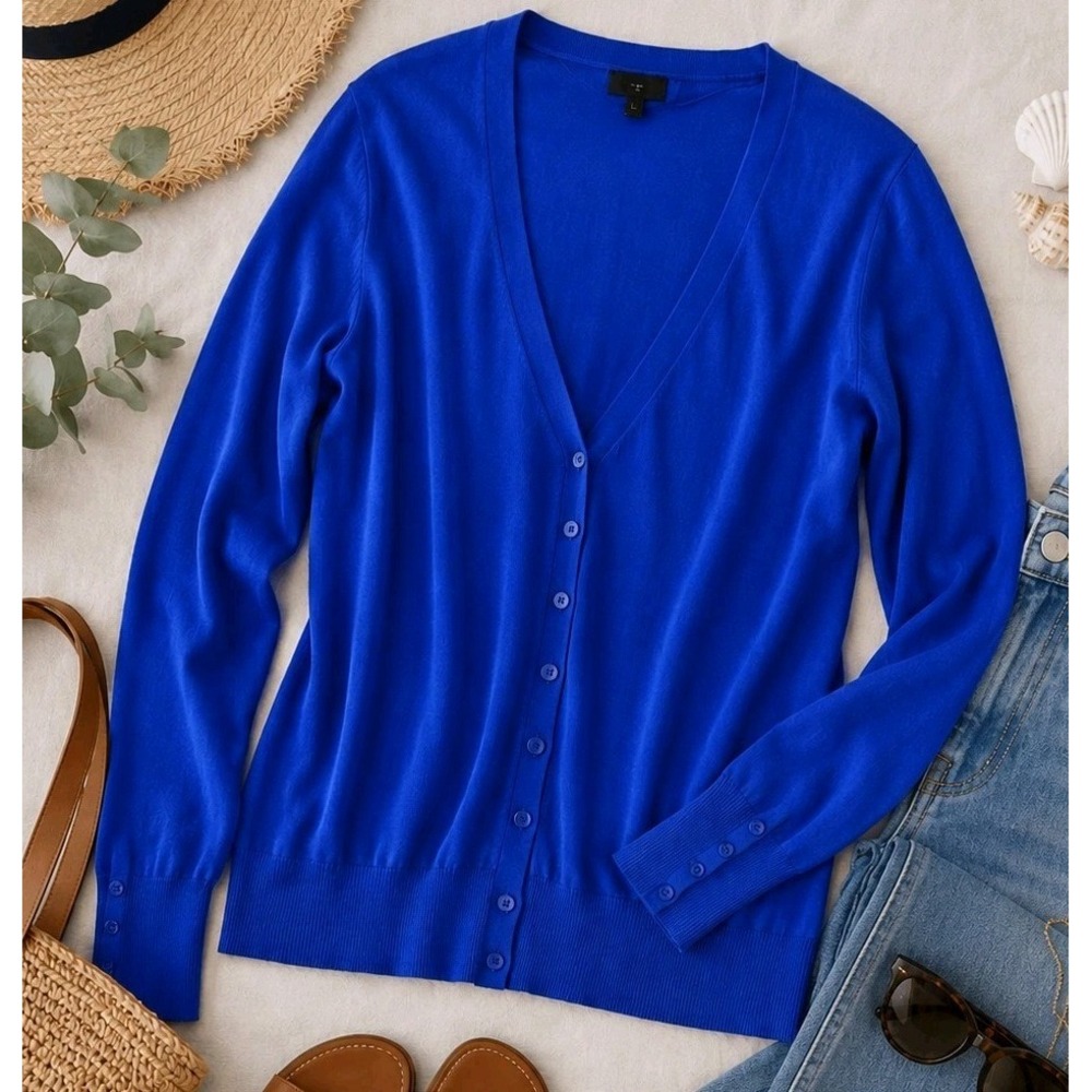 Royal Blue Cardigan Sweater Womens V Neck Button Front Coastal Preppy Classic